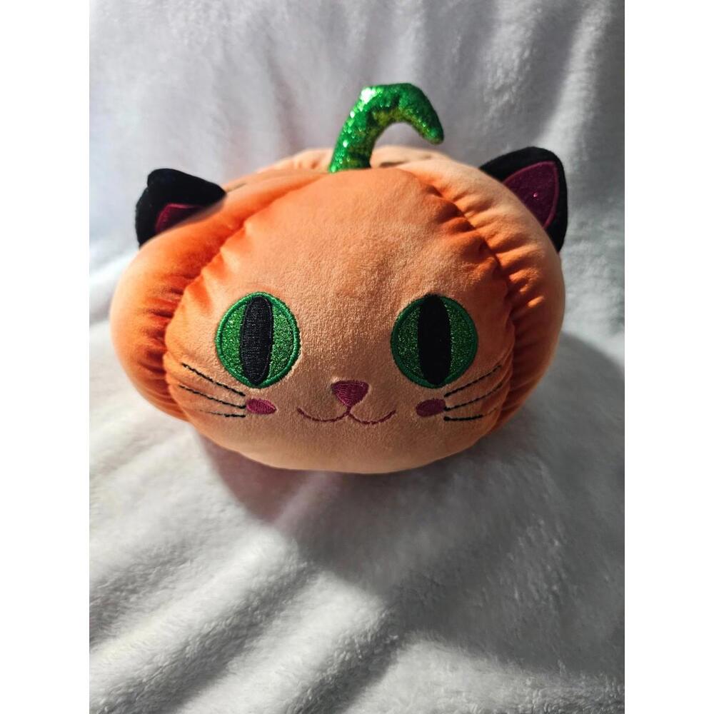 Hug Fun Kitty Cat Pumpkin Plush Toy Shiny Green Eyes Halloween Fall Decor 6" - Picture 1 of 10